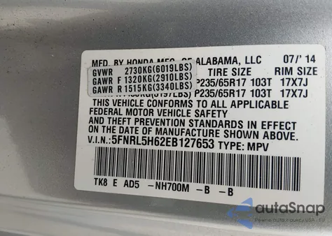 2014 Honda Odyssey Ex-L z USA, uszkodzony, nr VIN 5FNRL5H62EB127653